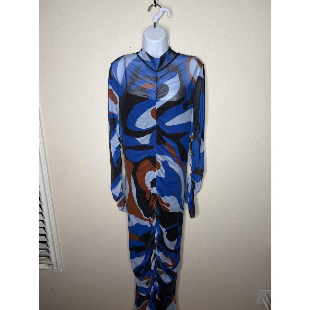 New Monica Ahanonu Long Sleeve Maxi Mesh Dress Blue Black 2pc Size XL NWT - Picture 3 of 9